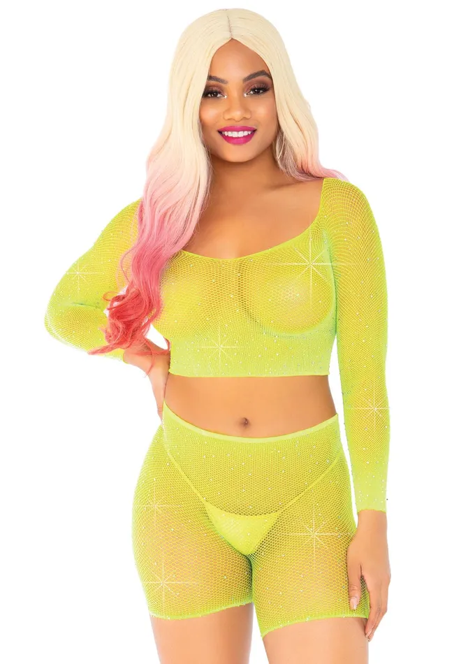 Leg Avenue 2 Pc Rhinestone Fishnet Crop Top and Biker Shorts - One Size - | Vibrators