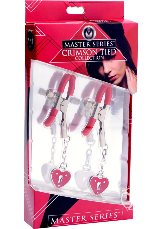 Master Series Crimson Tied Charmed Heart Padlock Nipple Clamps Master Series Crimson Tied Female Sex Toys