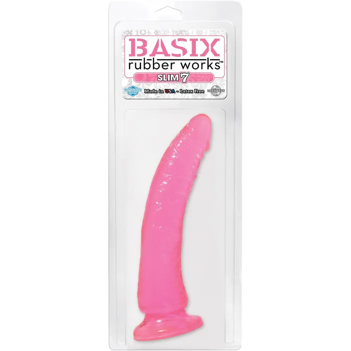 Pipedream Dildos Basix Rubber Works Slim 7 Inch With Suction Cup Pink